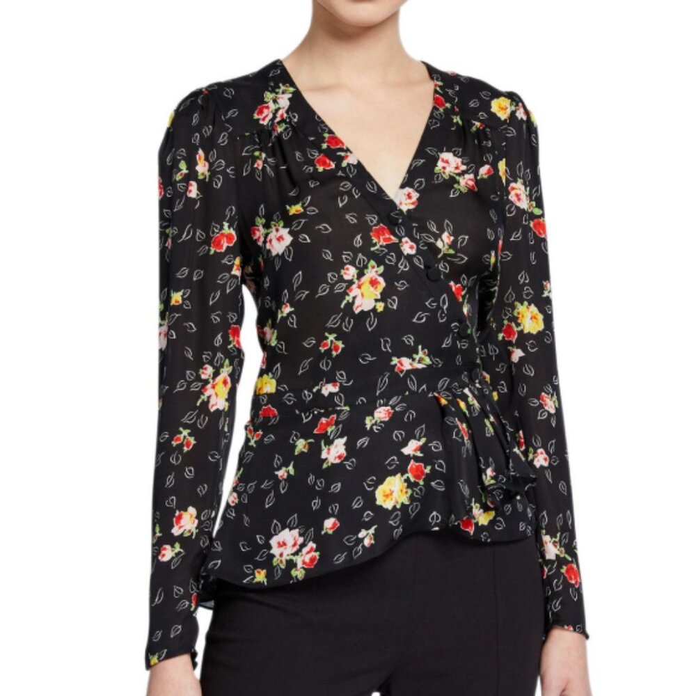 Veronica Beard 'Kiona' Floral-Print Silk Blouse Top, Black Multi